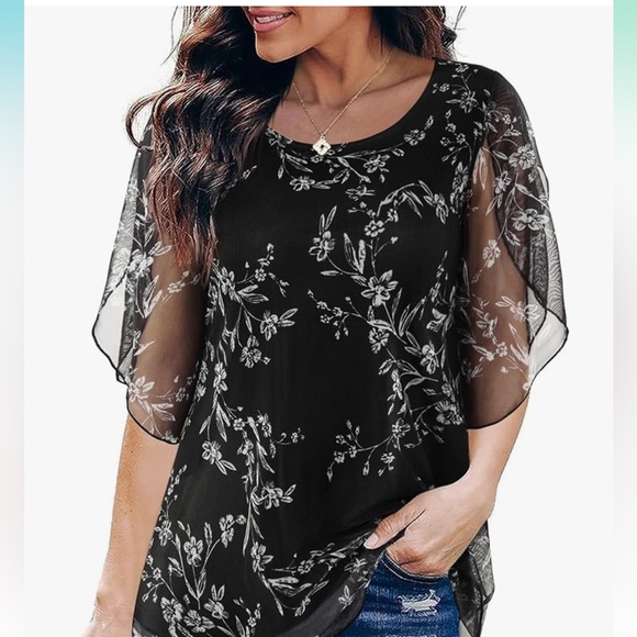 Womens Ruffle 3/4 Sleeve Mesh Blouses Loose Flowy Tops Stretchy - Picture 2 of 12